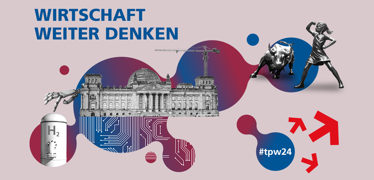 Visual des „Tag der Progressiven Wirtschaftspolitik“ mit der Aufschrift „Wirtschaft weiter denken. TPW24“ in Blau auf hellem Hintergrund. Zudem einzelne Symbole wie der Bundestag, ein Baukran, ein Wasserstoffbehälter, eine Roboterhand und eine Platine.