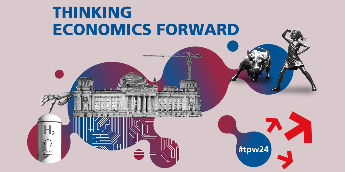Visual of the "Day of Progressive Economic Policy" with the inscription "Thinking Economics Forward. TPW24" in blue on a light background. In addition, individual symbols such as the Bundestag, a construction crane, a hydrogen container, a robot hand and a circuit board.