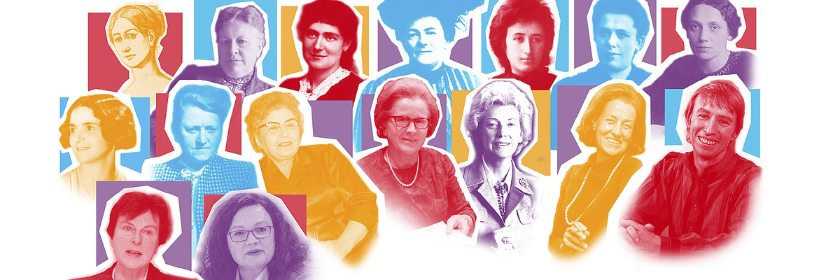 Stilisierte Darstellung von 16 Sozialdemokratinnen aus 16 Jahrzehnten, z.B. Julie Bebel, Annemarie Renger, Regine Hildebrandt