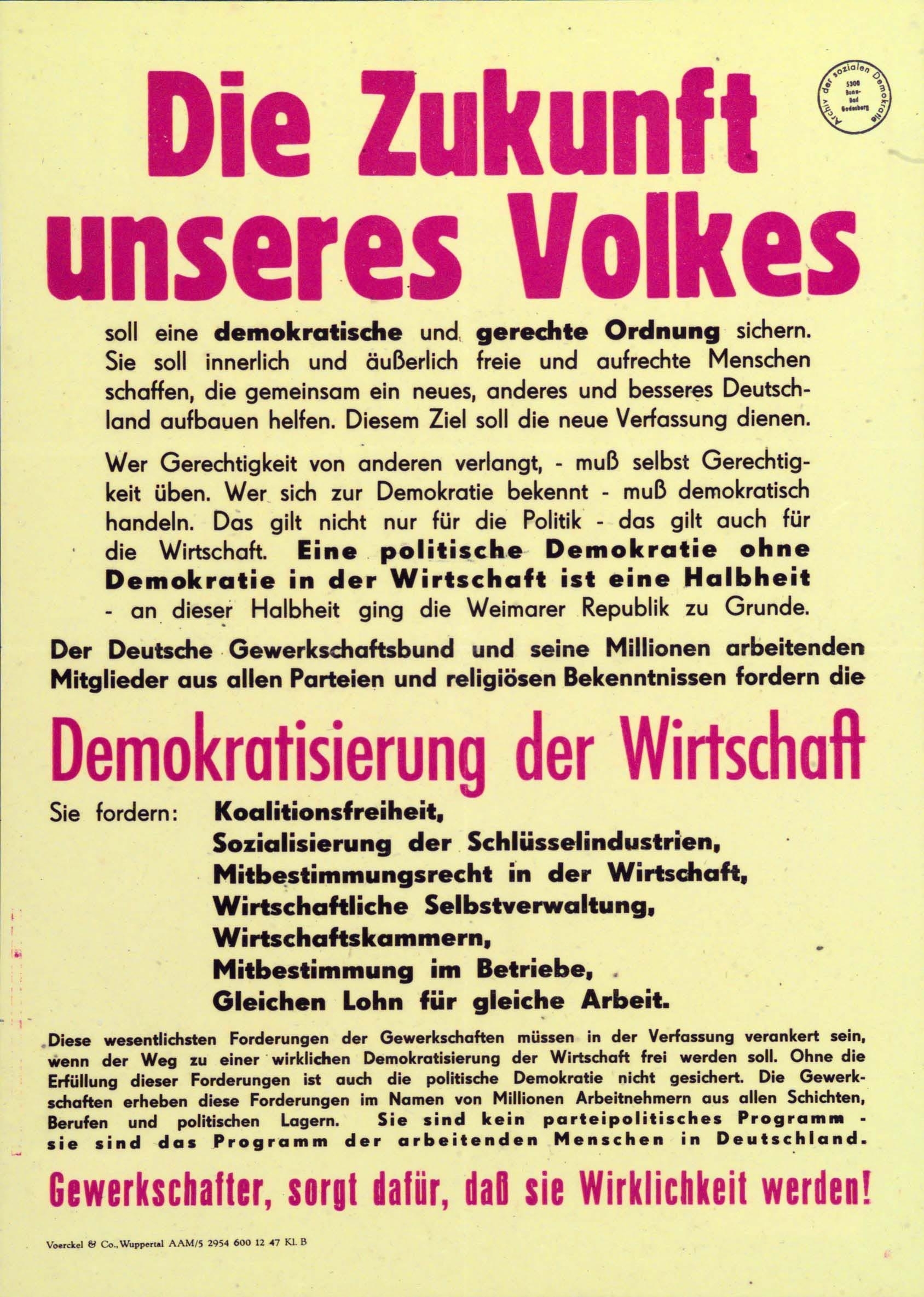 Plakat mit Forderungen des Deutschen Gewerkschaftsbunds nach Wirtschaftsdemokratie