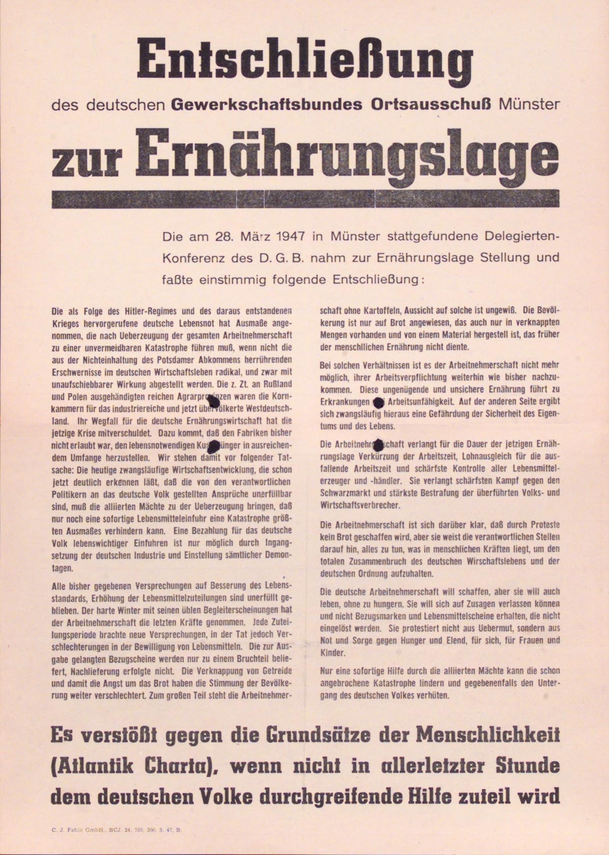 Plakat mit der Entscshließung des deutschen Gewerkschaftsbundes Ortsausschuss Münster zur Ernährungslage