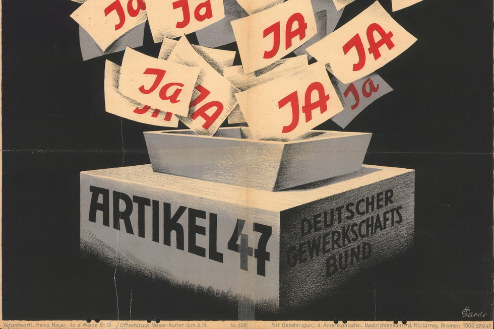 Wahlurne zum Artikel 47, in die zahlreiche Zettel mit Beschriftung "JA" fliegen; darüber: "Für das Mitbestimungsrecht der Betriebsräte!"