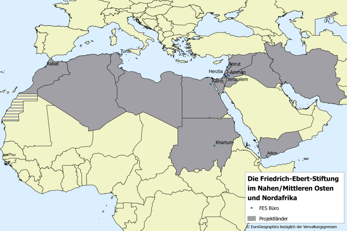 Landkarte mit Hervorhebung der Projektländer und den ansässigen FES Büros im Nahen und mittleren Osten und Nordafrika
