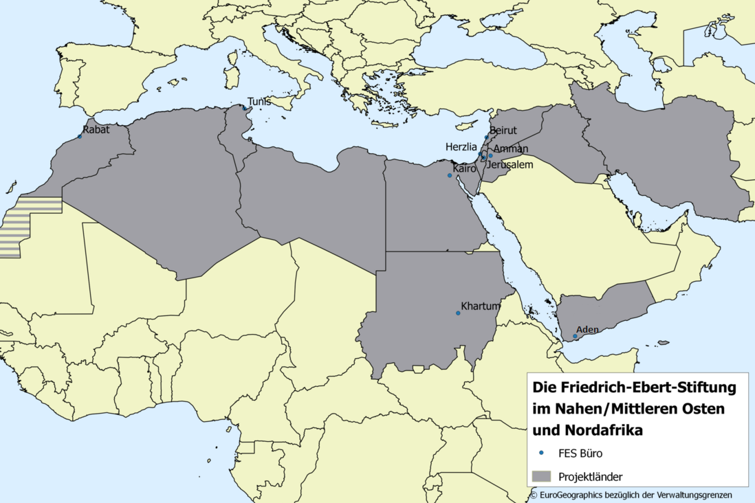 Landkarte mit Hervorhebung der Projektländer und den ansässigen FES Büros im Nahen und mittleren Osten und Nordafrika