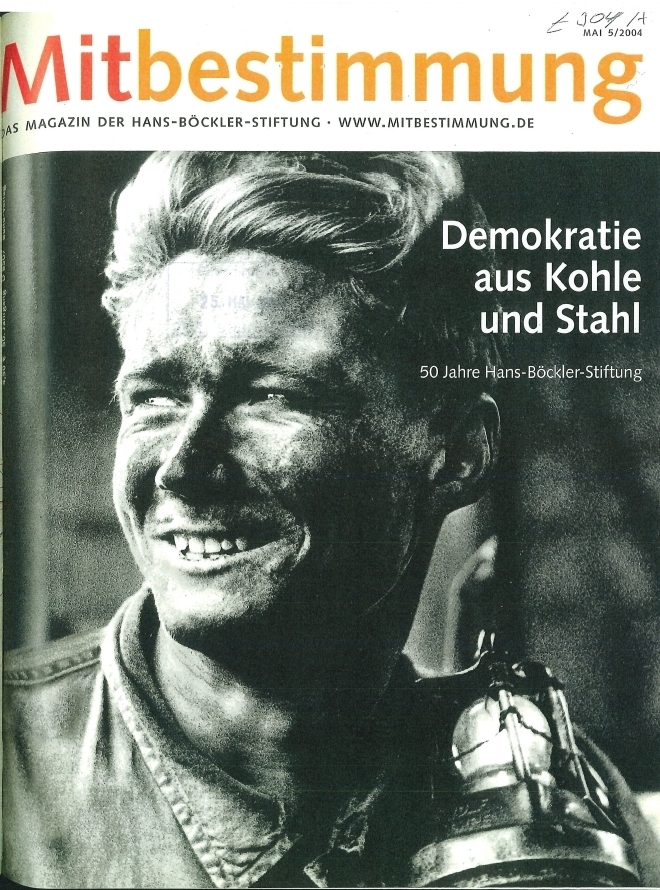 Titelblatt der Zeitschrift "Mitbestimmung" aus dem Mai 2004, auf dem Titelblatt das Schwarz-Weiß-Porträtfoto eines Bergmanns mit rußverschmiertem Gesicht