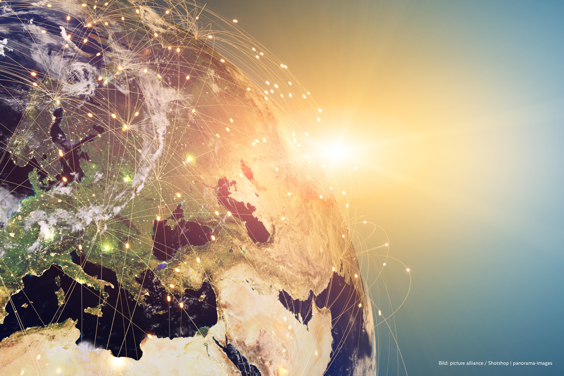 Erdkugel aus dem All mit leuchtenden Punkten und Linien als grafische Darstellung von Vernetzung.