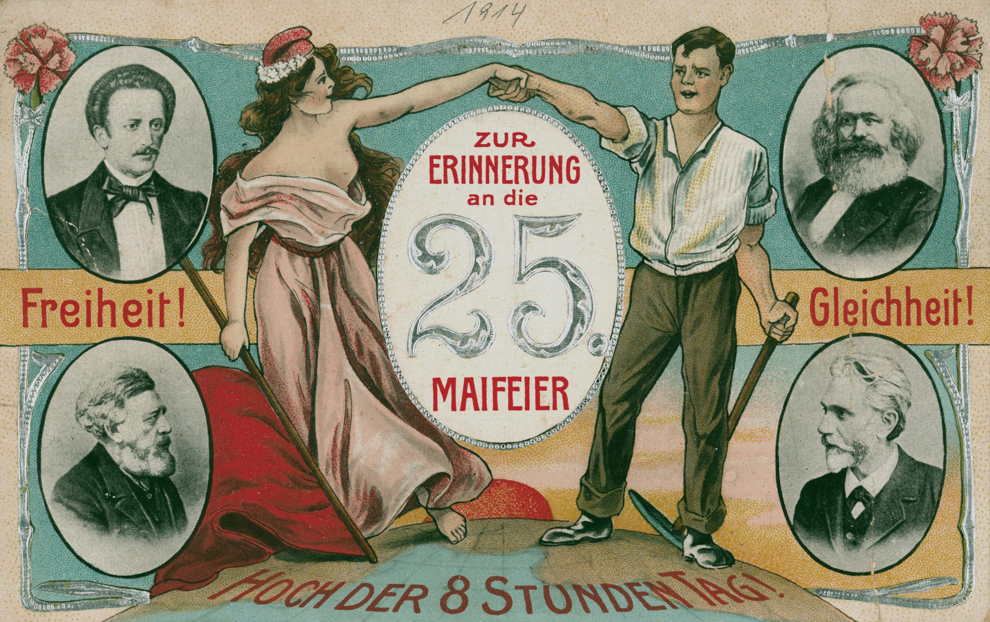 Gedenkkarte mit Wilhelm Liebknecht, Ferdinand Lassalle, Karl Marx und August Bebel (v.l.u.n.r.u.), 1914
Rechte nicht ermittelbar, Quelle: AdsD, 6/CARD000208