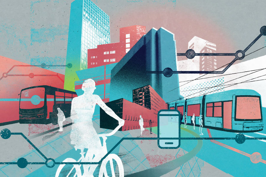 Illustration mit Fahrrad, Bus und Bahn, vernetzt durch digitale Linien und ein Smartphone-Symbol