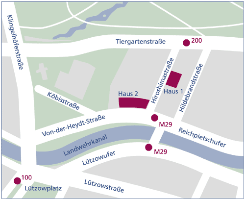 Karte mit Wegbeschreibung zu den Häusern 1 und 2 der FES in Berlin.