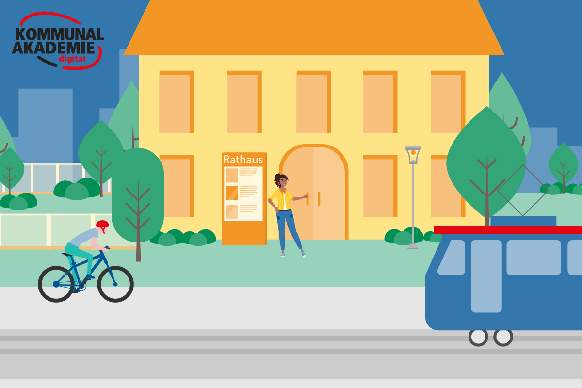 Eine lächelnde Frau steht vor der Tür eines Rathauses und scheint dieses gleich zu betreten