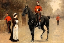 Gemälde mit einem Mann zu Pferd und einem darunter stehenden Dienstmädchen auf der Straße
