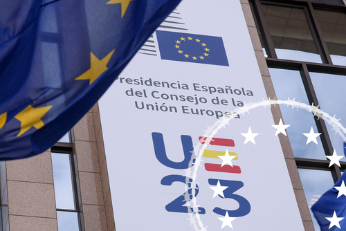 Spanish Presidency giant placard on EU council, in the EU council headquarters Atrium in Brussels, Belgium, 02 July 2023.