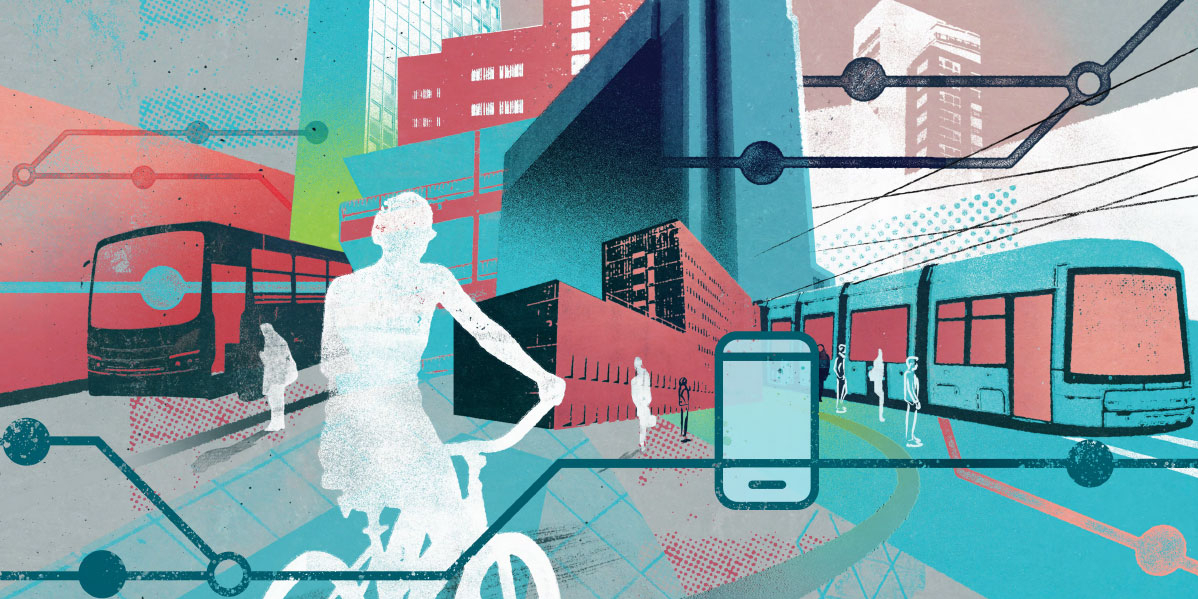 Illustration mit Fahrrad, Bus und Bahn, vernetzt durch digitale Linien und ein Smartphone-Symbol