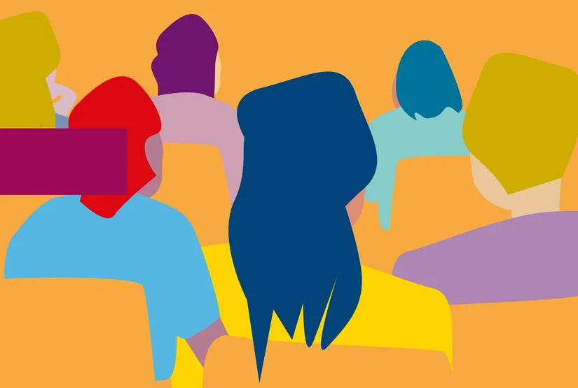 Illustration: Abstrakte, flache Darstellung von mehreren Personen während eines Seminars, von hinten gesehen, mit orangefarbenen Stühlen vor einem orangefarbenen Hintergrund.