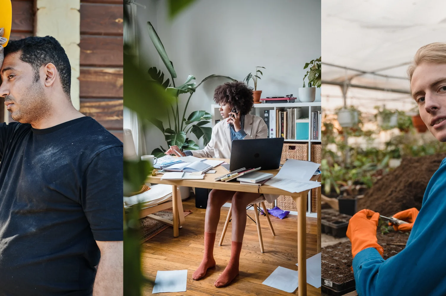 Menschen in unterschiedlichen Arbeitssituationen, z.B. in einer Gärtnerei oder am Schreibtisch.