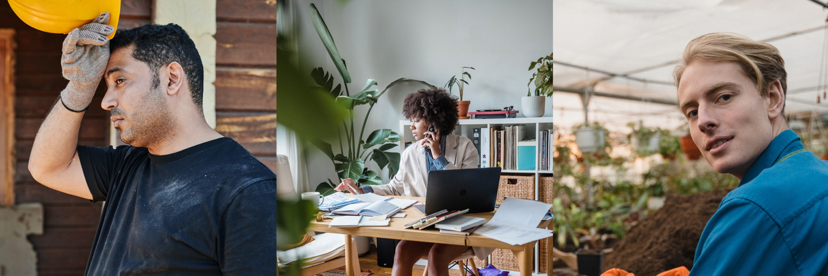 Menschen in unterschiedlichen Arbeitssituationen, z.B. in einer Gärtnerei oder am Schreibtisch.