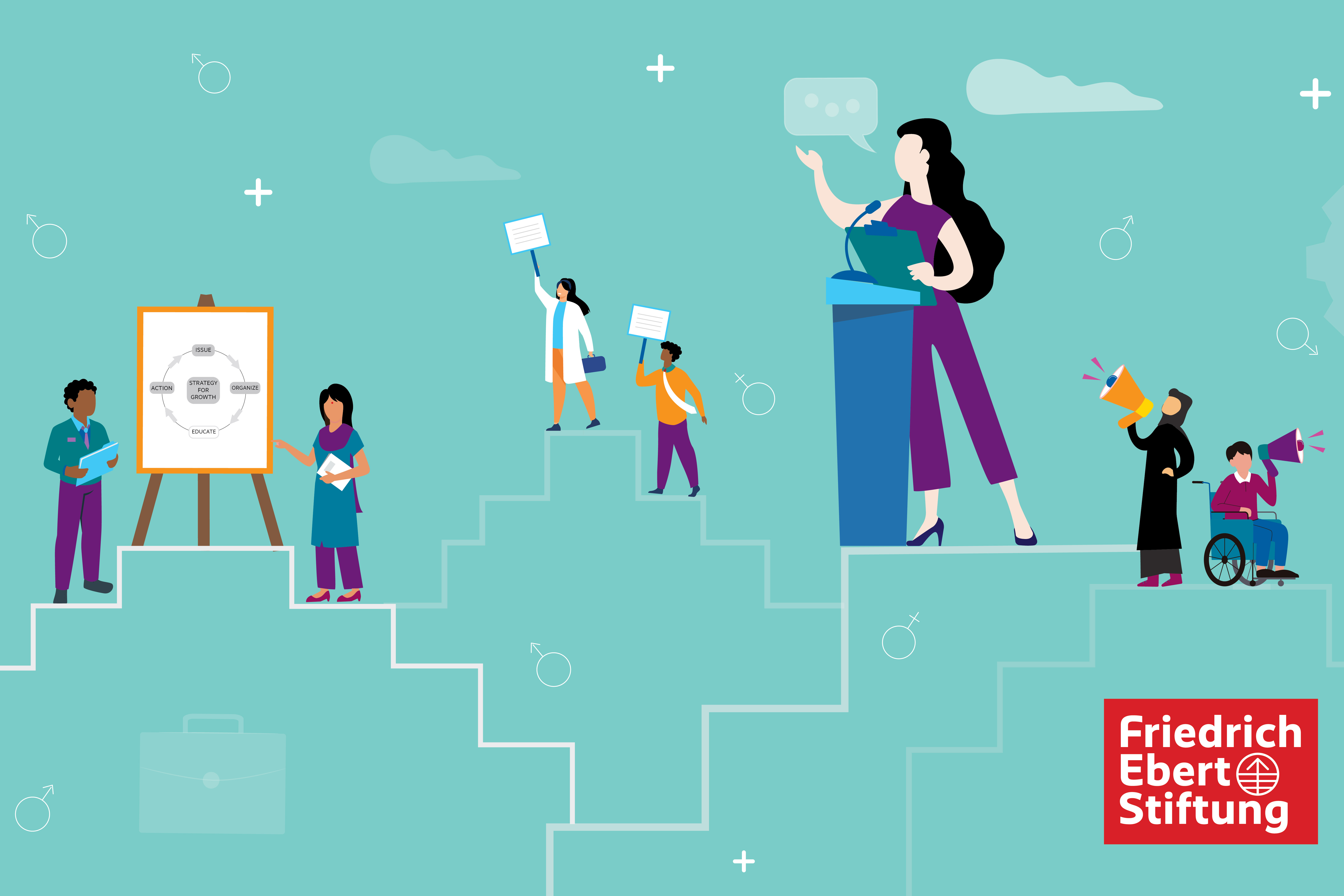 Illustration zweier Personen, die einen Vortrag zu Strategien von Gewerkschaften halten und zwei Personen, die mit Plakaten demonstrieren. 