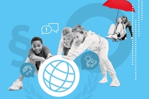 Illustration von fünf Kindern vor blauem Hintergrund, die gemeinsam spielerisch lernen und interagieren. Drei Kinder rollen das FES Logo als großes Globus-Symbol. Im Hintergrund sitzen zwei Kinder auf einem Skateboard, eines hält einen roten Regenschirm. Um sie herum befinden sich Piktogramme wie eine Sprechblase mit Ausrufezeichen, ein Handschlag und ein Buch mit Lupe.