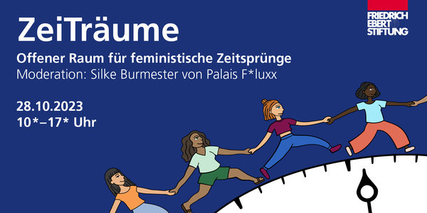 Veschiedene weiblich lesbare Perseonen bewegen sich händehaltend über ein Ziffernblatt