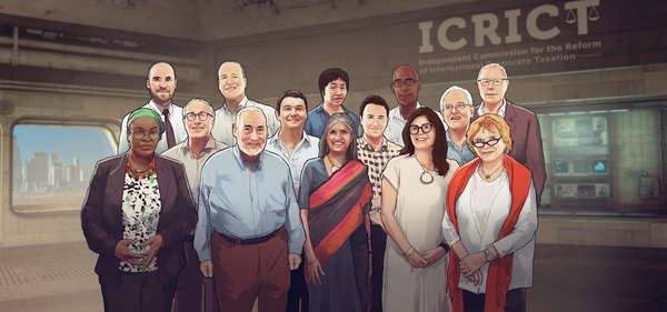 Animation der Mitglieder der ICRICT-Kommission in einem raumschiffähnlichen Raum vor dem Schriftzug der Kommission.