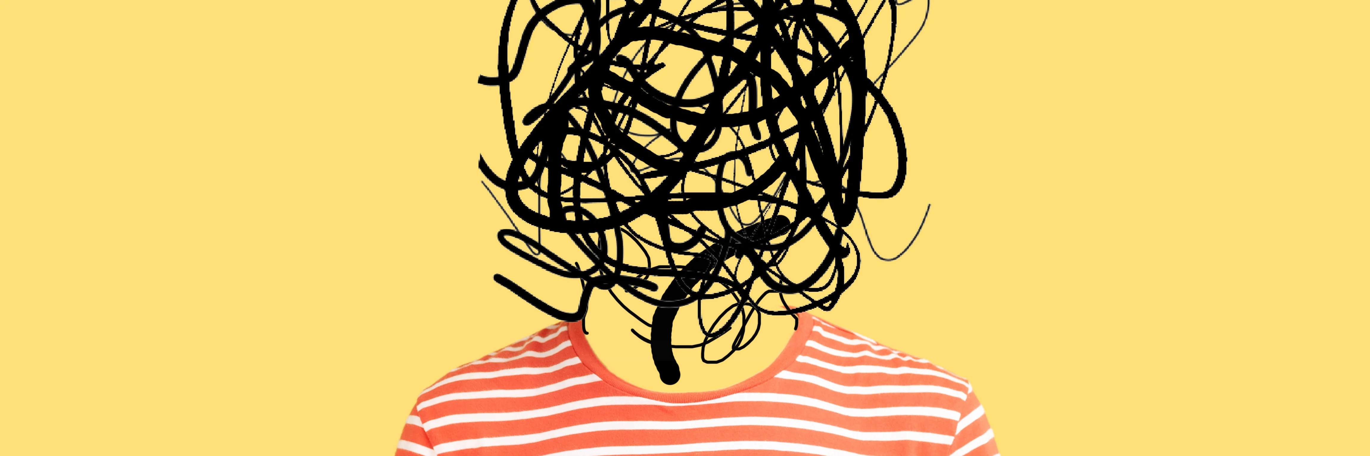 Bild von einer Person in gestreiftem Shirt. Statt eines Kopfes sind wirre schwarze Kringel und Striche abgebildet, die Chaos im Kopf symbolisieren.