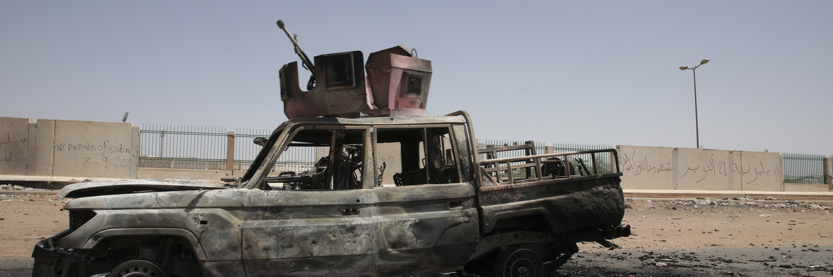 A destroyed military vehicle is seen in southern in Khartoum, Sudan, on April 20, 2023.