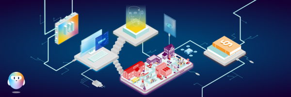 Illustration einer vernetzten digitalen Welt: Links unten ein freundliches, rundes Maskottchen. Mehrere Geräte und Symbole sind über Linien verbunden, darunter ein Computer mit 'ERROR'-Anzeige, ein KI-Icon, ein Gesetzbuch, eine Schule mit Menschen und ein Drohnen-Symbol. Die Szene stellt den Einsatz von Technologie, KI, Bildung und rechtlichen Aspekten dar.