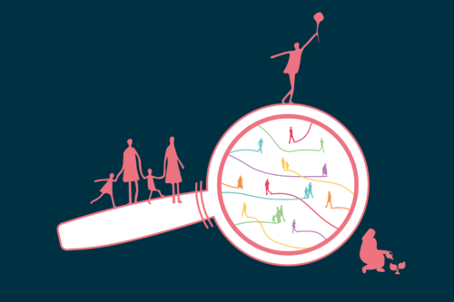 Illustration showing a magnifying glass alongside people in various situations and with different needs. 