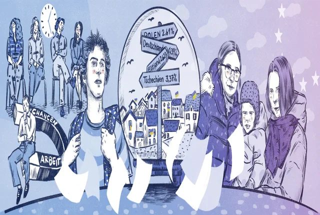 Grafik Geflüchtete in verschiedenen Situationen