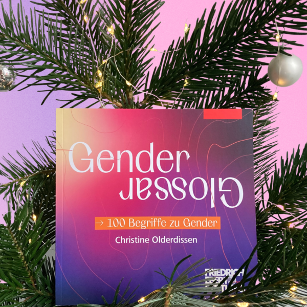 Buch "Gender Glossar" liegt auf weihnachtlichem Schnittgrün