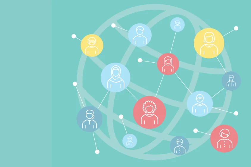 Grafik einer Weltkugel mit diversen menschlichen Icons 