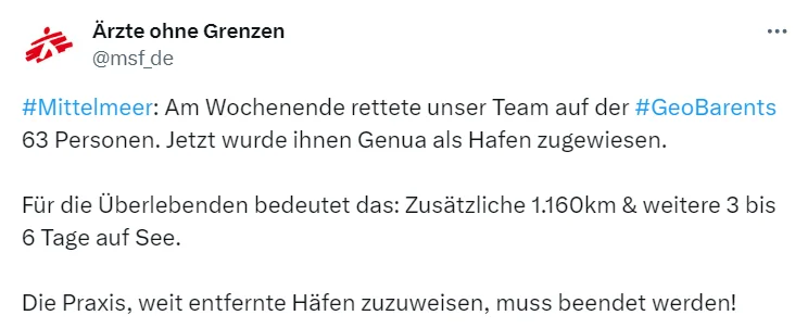 Tweet Ärzte ohne Grenzen zu einer aktuellen Seenotrettung