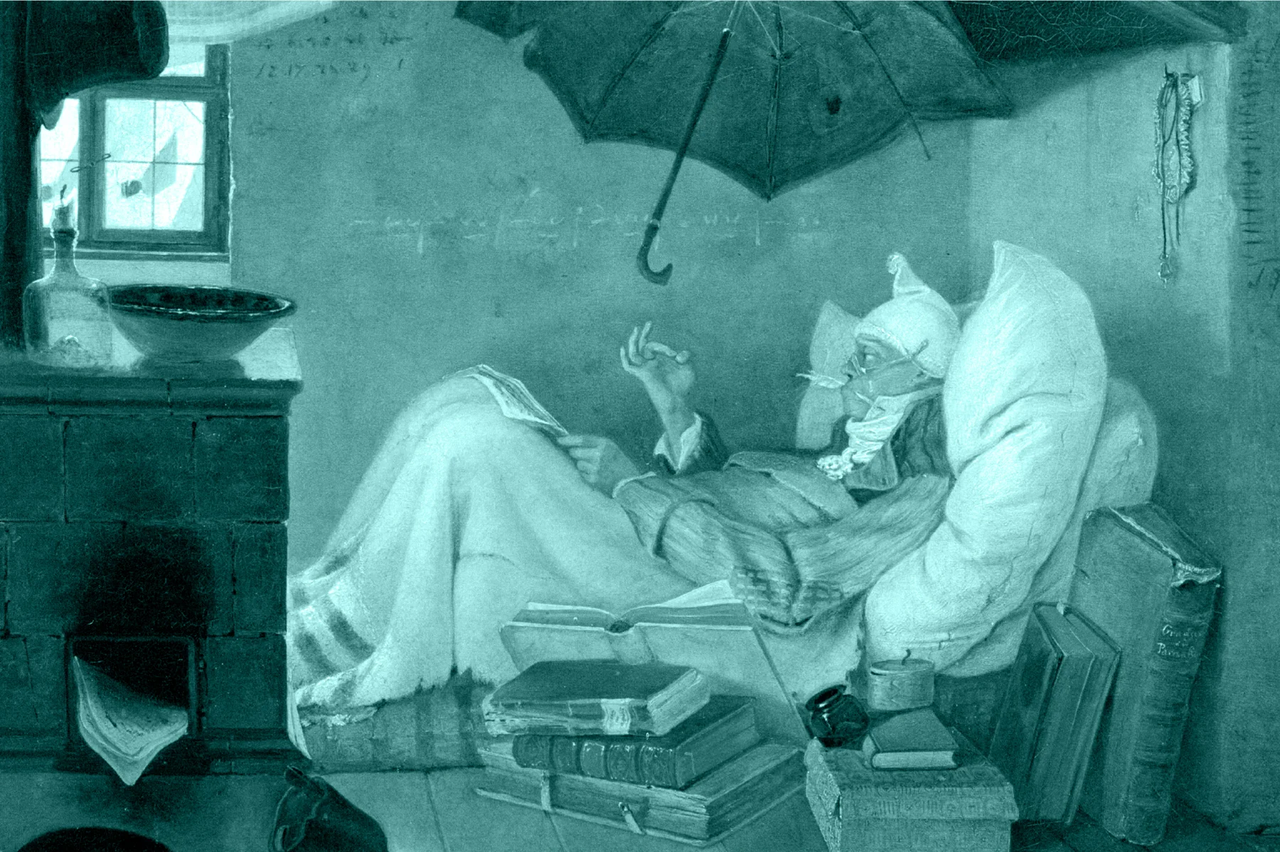 In Mintfarben gehaltener Ausschnitt von Carl Spitzwegs Gemälde „Der arme Poet“ von 1839; ein Schriftsteller in seiner ärmlichen Dachkammer