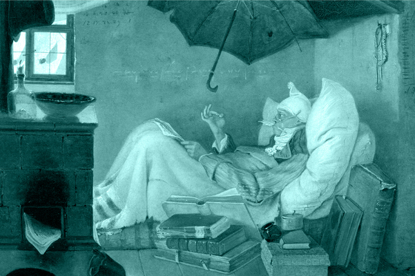 In Mintfarben gehaltener Ausschnitt von Carl Spitzwegs Gemälde „Der arme Poet“ von 1839; ein Schriftsteller in seiner ärmlichen Dachkammer