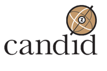 Logo von candid. Schriftzug mit einer stilisierten Weltkugel