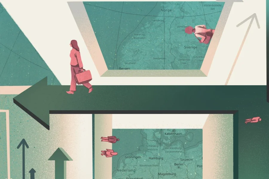 Grafik mit Pfeilen in unterschiedliche Richtungen rund um eine Deutschlandkarte in der Mitte