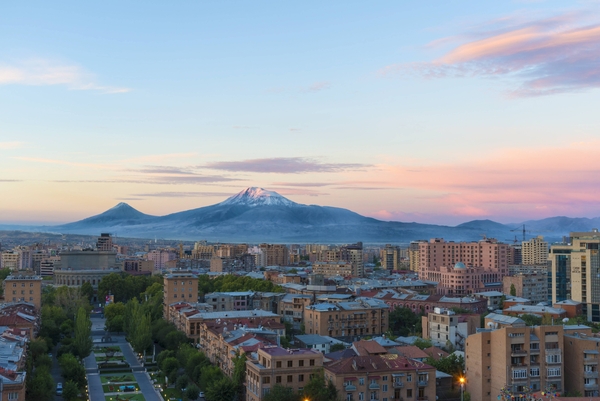 Mount Ararat and Yerevan viewed from Cascade at sunrise, Yerevan, Armenia, Middle East, Asia