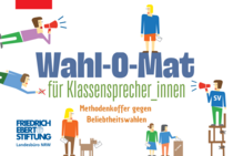 7 gezeichnete Personen und ein Hund mit Briefumschlägen oder Megaphon in der Hand. In der Mitte des Bildes steht der Text der Broschüre: Wahl-O-Mat für Klassensprecher_innen. Methodenkoffer gegen Beliebtheitswahlen
