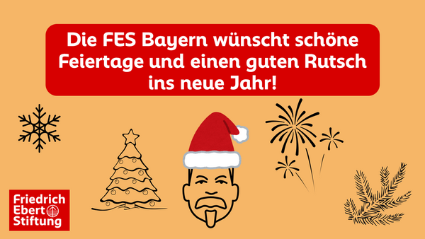 Gezeichneter Friedrich Ebert mit Weihnachtsmannmütze wünscht schöne Feiertage