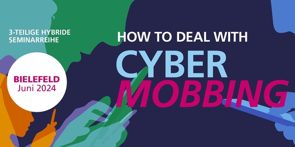 Titel "Cybermobbing". Auf dunkelblauem Hintergrund sind drei Silouetten von Personen mit Handy in der Hand. Farblich in grün, mind, rosa, mittelblau, gelb und orange dargestellt. in 