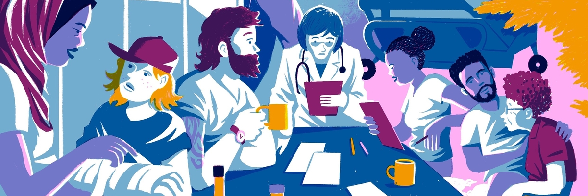 Bunte Illustration mit verschiedenen Motiven aus dem Themenbereich Pflege