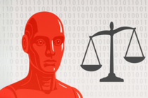 Digitale Illustration: Ein roter, stilisierter humanoider Kopf und Oberkörper vor einem beigen Hintergrund mit grauem Binärcode, rechts daneben eine schwarze Justitia-Waage