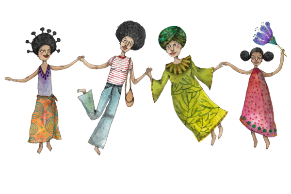 gemaltes Bild von vier nebeneinander schwebendes, sich an den Händen haltenden Frauen in bunten Kleidern