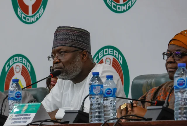 Der Präsident der ECOWAS-Kommission, S.E. Dr. Omar Alieu Touray auf einem Podium der ECOWAS spricht. 