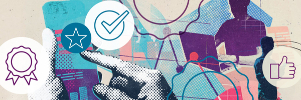 Personen, die Daten mithilfe digitaler Technologien analysieren, stilisierte Abzeichen, Badges