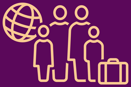 Icons auf lilfarbenem Untergrund: Mehrere Personen, ein Koffer und ein Globus