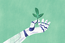 Illustration einer Roboterhand, die eine grüne Pflanze hält