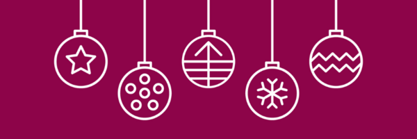 Zeichnung Christbaumkugeln weiß auf brombeerfarbenen Hintergrund