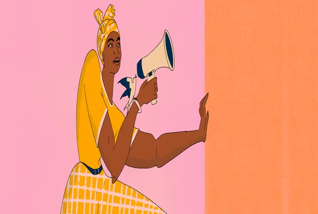 Grafik zeigt Tina aus Sierra Leone mit Megafon und Friedenstaube