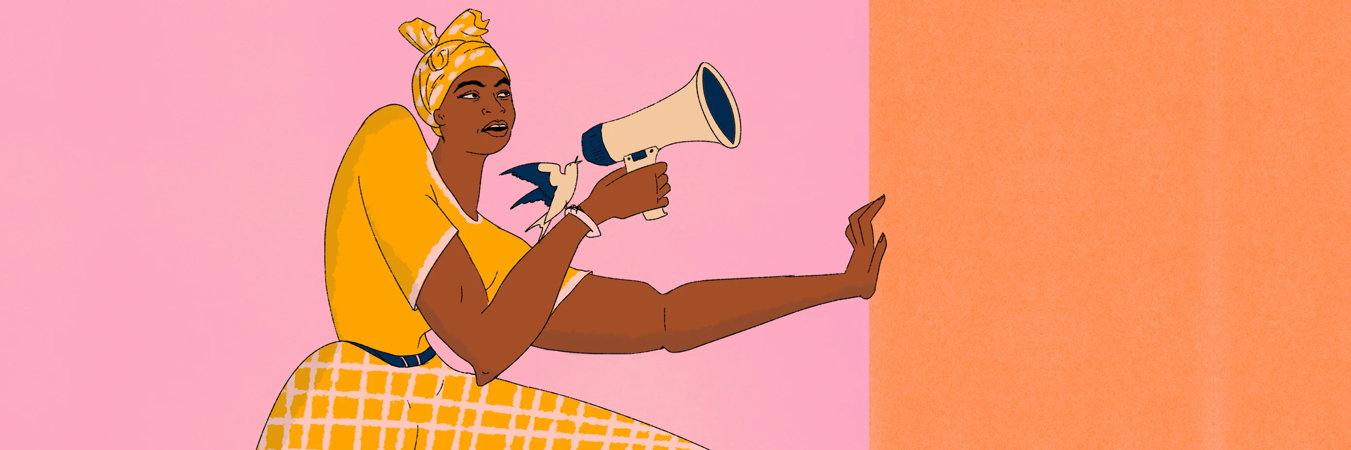 Grafik zeigt Tina aus Sierra Leone mit Megafon und Friedenstaube